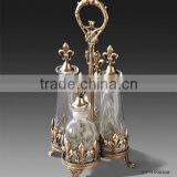 Ornamental Bronze Casting Sauce Jar Holder With Handle, Antique Brass Mounted Glass Sauce Cane With Tray, Art Nouveau Tableware thumbnail-4