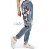 New Arrival Most Popular Spandex Washed Moto Floral Embroidered Straight Leg Jeans for Women thumbnail-1