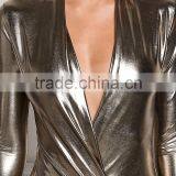 MGOO Custom Made Pewter Metallic Plunge Bodysuits Custom Long Sleeves V Neck Sexy PU Polyester Lycra Women Tops thumbnail-4