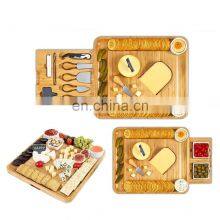 Organic Wood Bamboo Cheese Board With Cutlery Set Platter Serving Tray Customizable Logos Cutting Cheese Plate