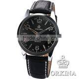 Orkina Mens Black Leather Stainless Steel Case Chrono Date Display Analog Sport Quartz Wrist Watch thumbnail-2