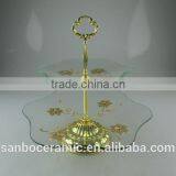 Wholesale Glass Cake Stand, Two Tier Golden Glass Cake Stand With Flower Decoration thumbnail-1