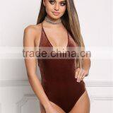 MGOO Fashion Factory Made Cross Strap Velvet Bodysuits Custom Deep V Neck Bloues Tops Sleeveless Custom thumbnail-2