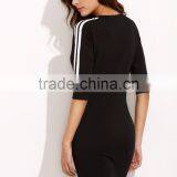 Black Round Neck Half Sleeve Sheath Dress Cotton Spandex Casual Stripe Raglan Sleeve Short Tee Dress thumbnail-4