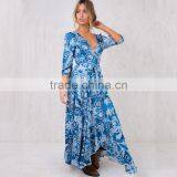 Paisley Print Long Sleeve Maxi Wrap Dress in Blue for Mature Women thumbnail-2