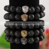 BRS1503 natural semi-precious lava stone bead strench bracelet,stainless steel lion head gemstone mens bracelet