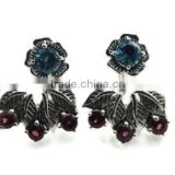 925 sterling silver floral Swiss Blue Topaz Rhodolite gemstone jacket earrings