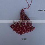 Zari Work Sail Boat Shaped l Christmas Tree Ornament in Red Colour thumbnail-1