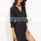 Black Self Tie High Low Curved Hem Shirt Dress Long Sleeve Casual Split Hem Belted Suede Shirt Dress thumbnail-4