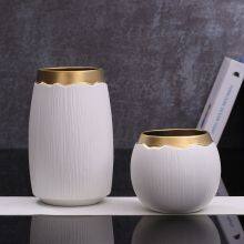 Wide Mouthed White Stripe Gild Hand Made Ceramic Vase For Hallway Decoration thumbnail-1