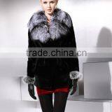Rex14049 Rex Rabbit Fur Coat With Fox Fur Collar and Cuffs Black thumbnail-1