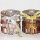 glass candle jar in bamboo shape with electroplate inner and colorful surface, decorate with silk ribbon, candle holder
