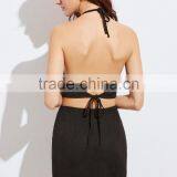 Two Piece Set Women Dress 2017 Black Embroidered Rose Applique Suede Halter Top With Skirt thumbnail-3