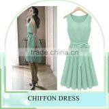 2016 Latest Designs Women Gender Summer Mint Green Sleeveless Round Neck Women Dress Pleated Chiffon Vest Dress for Women thumbnail-1