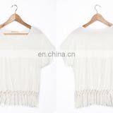 Tassel Design Short Sleeve Women Fashion Garment White Tops thumbnail-3
