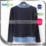 Women's Long Sleeve Top With Denim Neckline thumbnail-2