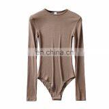 Custom Logo Women Autumn Winter Under Wear Long Sleeve Crew Neck Ribbed Knitted Fabric Outfit Bodysuit thumbnail-2