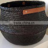 Black Seagrass Basket With Leather Handles/ Seagrass Basket for Home Decoration