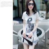 Round Neck Short Sleeve With Chrysanthemum Embroidered Lace Cotton Words Beaded Printed Flower Hem With Mesh Women T-shirt thumbnail-1