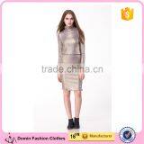 2017 New Arrival Metallic Gold Knitted Sweater Long Sleeve Hight Neck Tight Fit Pullover & Skirt Co-ord Set thumbnail-1