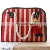 Ladies Fashion Blue Stripe Beach Straw Bag thumbnail-3