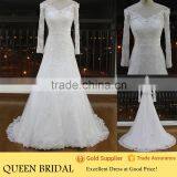 Newest Design Boat Neck Long Sleeve Appliqued Bow Sash A-line Lace Appliques Wedding Dresses