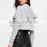 Grey Tie Hem Drawstring Cropped Hoodies Logo Print New Design Fashion Ruched Sleeve Hoodie For Women thumbnail-5