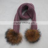 Myfur Classic Ribbed Pattern Knit Scarf for Kids With Two Big Size Natural Raccoon Fur Pom Poms thumbnail-1