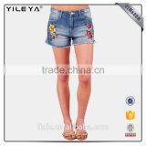 Fashion Blue Women Denim Shorts With Embroidery thumbnail-1
