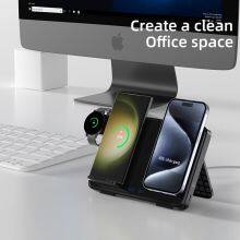 Desktop Portable 15w Foldable 3 in 1 Universal Wireless Charger Charging Station Dock Stand With Warm Light thumbnail-3
