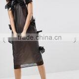 Summer Dress For Women Black Lightweight Organza Contrast Lining Crew Neck Bow Detail Midi Organza Dress thumbnail-4