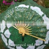 Dark Green Color Cotton Wedding Umbrella Balinese Lace Parasol and Fan Set