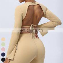 Quick Dry Crop Top Sexy Backless Straps Flare Cuffs Sports T Shirt Gym Fitness Tops Yoga Crop Top For Women With Removable Pad thumbnail-3