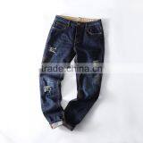 Europe jeans type streetwear men gender blue wash ripped patch skinny pants jeans denim trousers