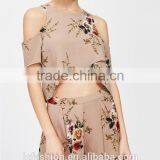 Two Piece Set Women Clothing Floral Print Cold Shoulder Crop Split Top With Shorts thumbnail-2