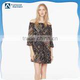 Ladies Printed Chiffon off Shoulder Dress Three Quarter Sleeve thumbnail-1