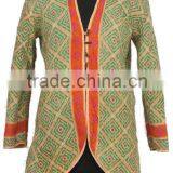 RTHCJ-22 Green Vibrant Color Reversible Cotton Kantha Winter Jackets For Girls Abstract Designer Print Full Sleeve Size Jaipur thumbnail-1