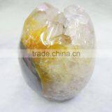 3" 0.31KG Hand Carved Yellow Agate Geode Crystal Skulls for Hand Playing thumbnail-4