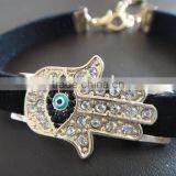 Rhinestone Inlaid Hamsa Hand Evil Eye Charm Suede Leather Bracelet thumbnail-5