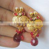 GOLD Plated Goddess Laxmi COIN PINK Polki Bollywood Necklace EARRING Set thumbnail-3