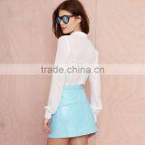 MGOO New Arrival 2016 OEM Custom Light Blue PU Skirts Women Faux Leather Short Straight Skirts 15144A373 thumbnail-4