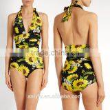 Sexy Women's Deep V-neck Ruched Sides Sunflower-print Self-tie Halterneck Swimsuit thumbnail-1