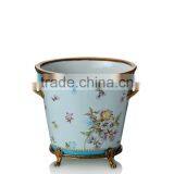 Floral Painting Multilayer Porcelain Fruit Bowl With Bronze Angel Support, Blue & White Porcelain With Brass Compote thumbnail-4