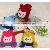 winter knitted hat with earflap pattern , with lovely cartoon and double ball