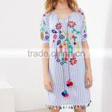 Bohemian Clothing Vertical Striped Embroidered Tassel Hem Pom Pom Dress New Model Girls Dress HSd5212 thumbnail-2