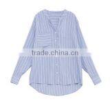 Custom Ladies Casual Cotton Shirts Blue White Stripe Women Shirts thumbnail-2