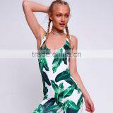 Scoop Neck Sleeveless Palm Leaf Print One Piece Women Tight Latex Catsuit thumbnail-5