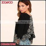 Black Round Neck Long Sleeve Open Back Lace Embroidered Crop Top thumbnail-2