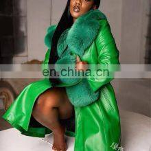 2021 Autumn and Winter European and American Solid Color Lapel Long Fur Collar Temperament Commuter Zipper Leather Jacket thumbnail-4