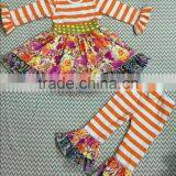 2015 Baby Stripe Top Flower Dress and Stripe Ruffle Pants Baby Clothing Set Baby Dresses YW-075 thumbnail-1